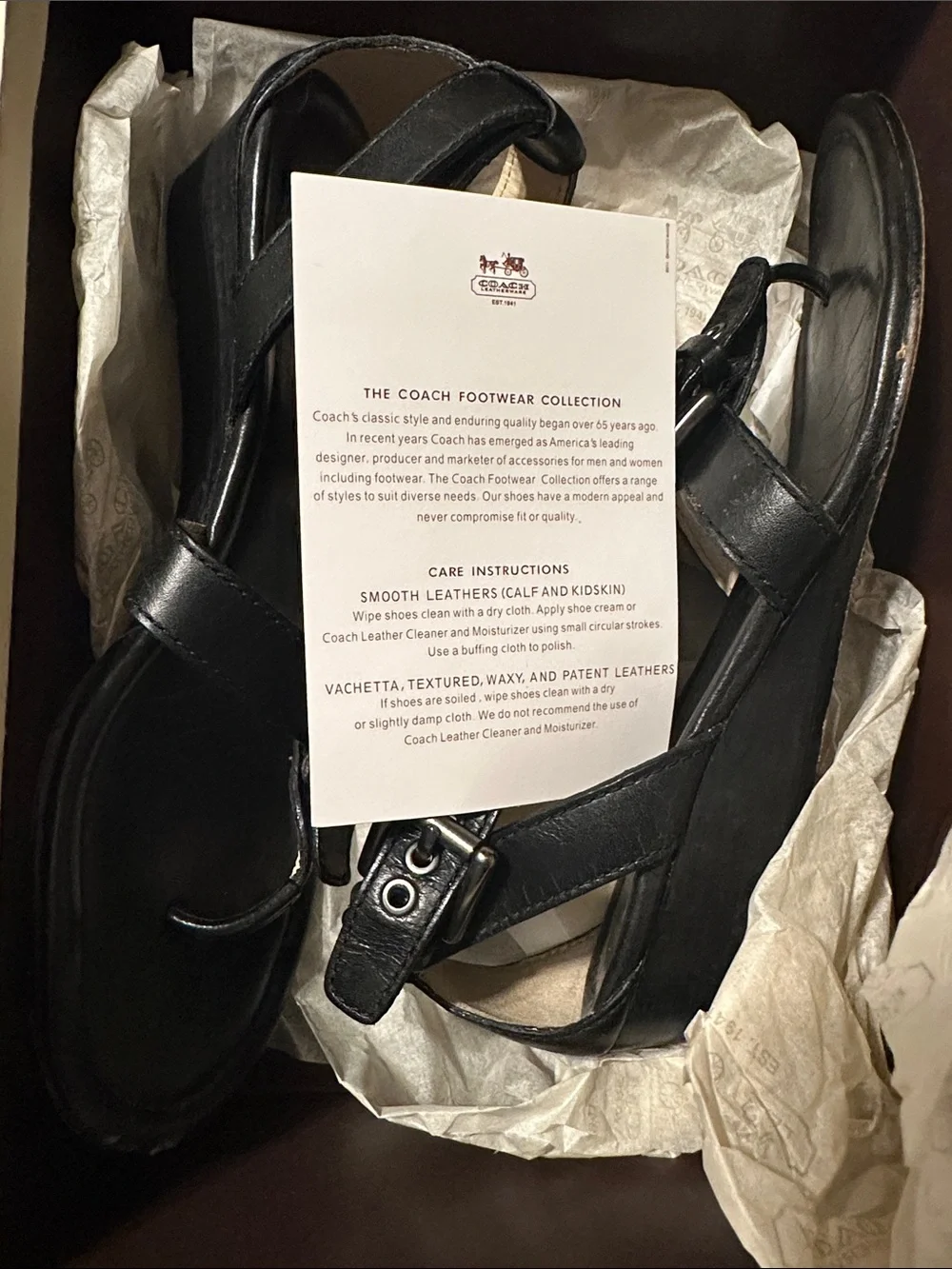 Coach Black Leather T-Strap Buckle Sandals